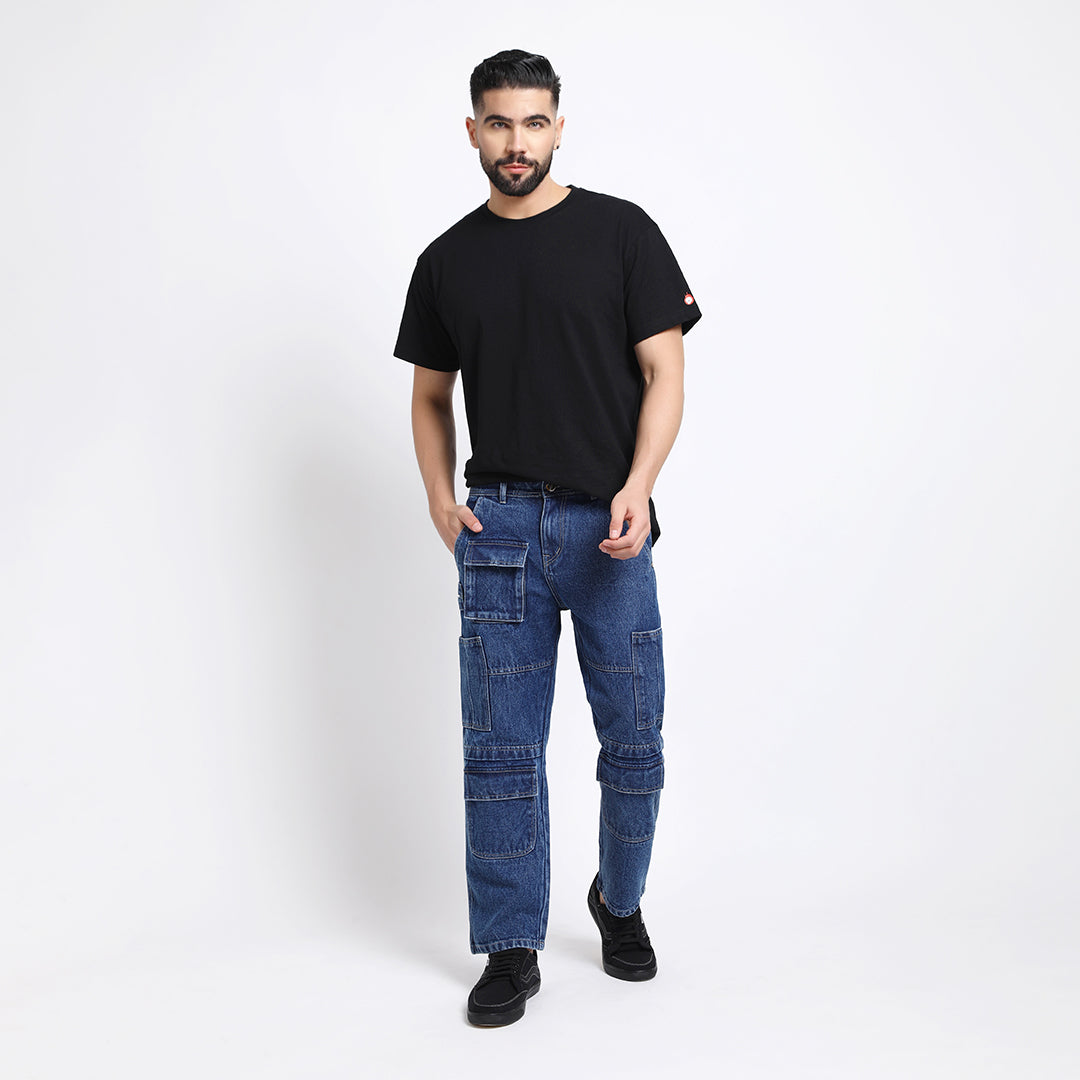 CARGO DARK BLUE BAGGY FIT JEANS TEDDY 4787-1